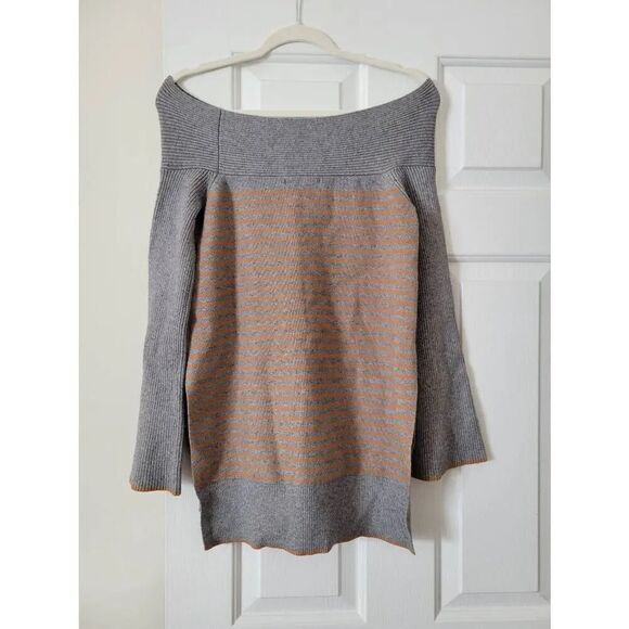 Anthropologie Elise Ribbed Tunic Gray Brown Stripe Off-the-Shoulder Size XS - Picture 9 of 11